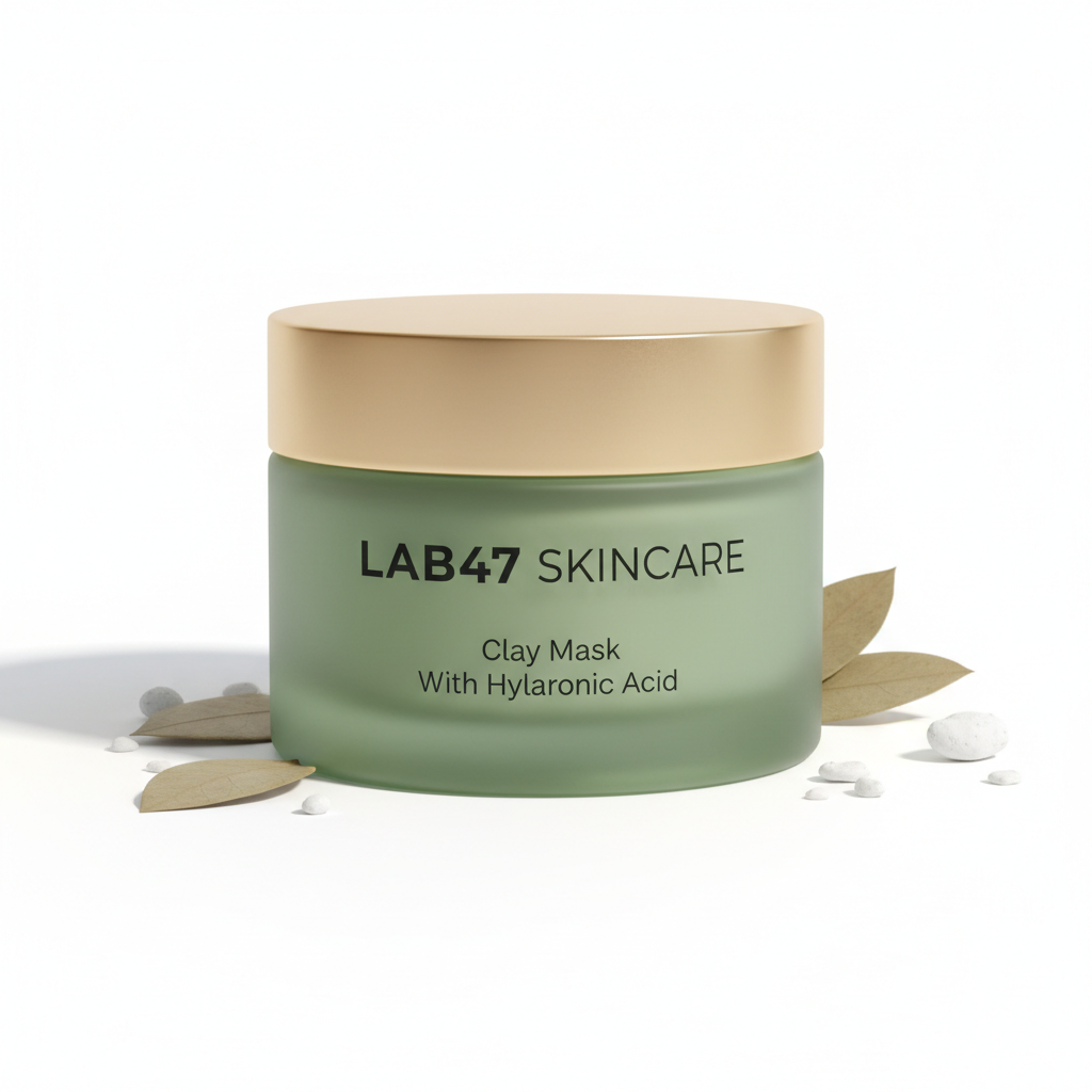 CREATE A PRODUCT IMAGE FOR Clay Mask With Hyaluronic Acid WITH LAB47 SKINCARE ON THE TUB