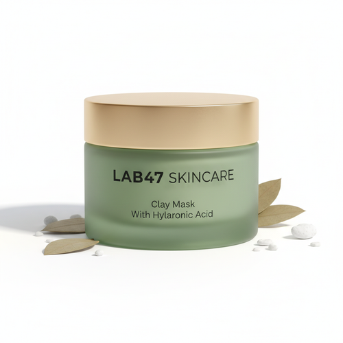 CREATE A PRODUCT IMAGE FOR Clay Mask With Hyaluronic Acid WITH LAB47 SKINCARE ON THE TUB