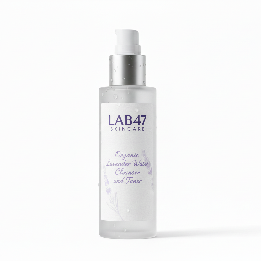 CREATE A PRODUCT IMAGE FOR Organic Lavender Water Cleanser and Toner WITH LAB47 SKINCARE ON THE BOTTLE