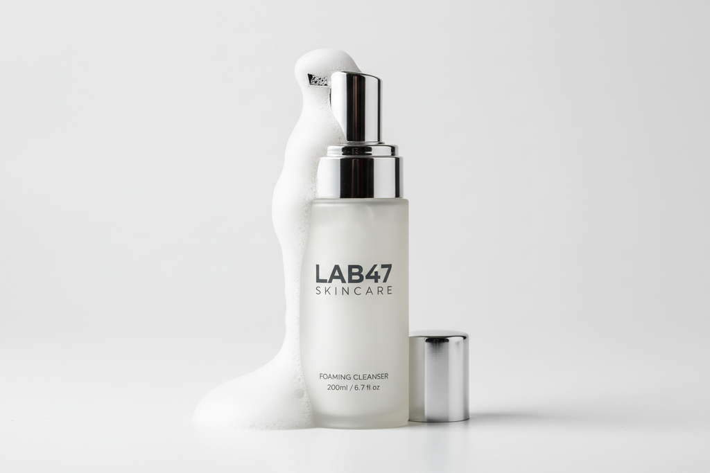 foaming cleanser bottle with LAB47 SKINCARE on the front in the format of the site logo