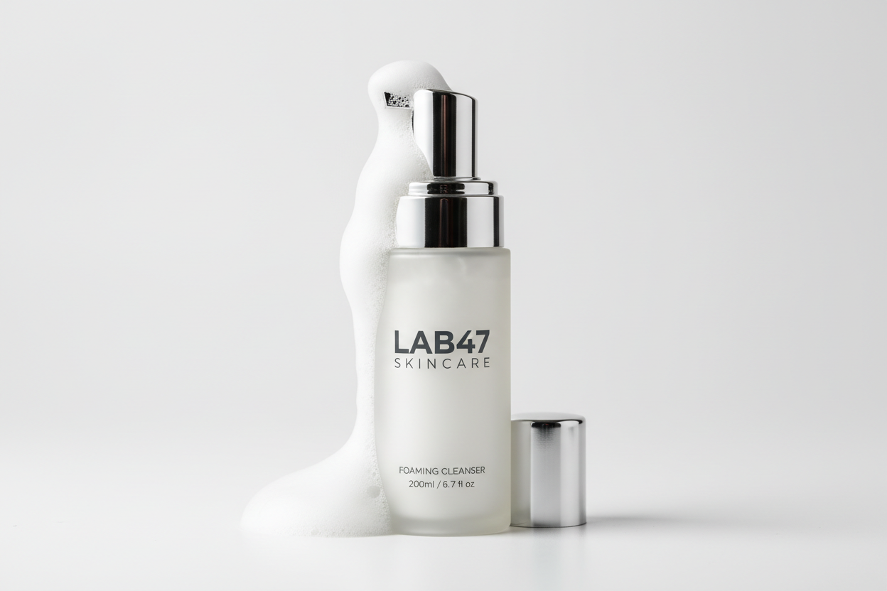 foaming cleanser bottle with LAB47 SKINCARE on the front in the format of the site logo